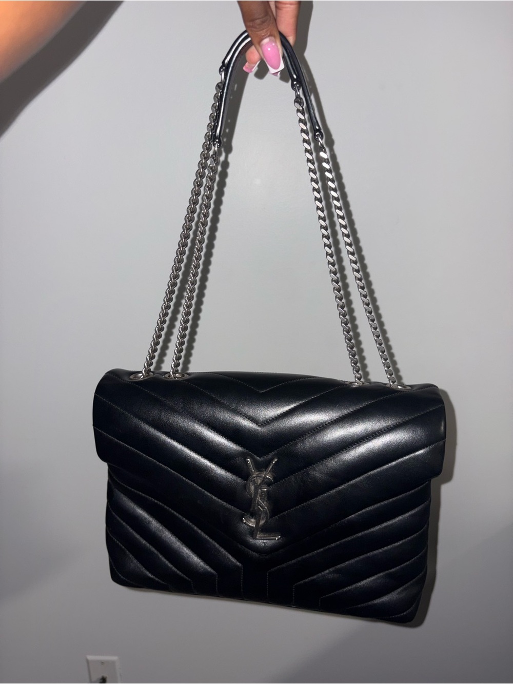 Saint Laurent Black Chevron Quilted Leather Shoulder Bag with Silver Hardware